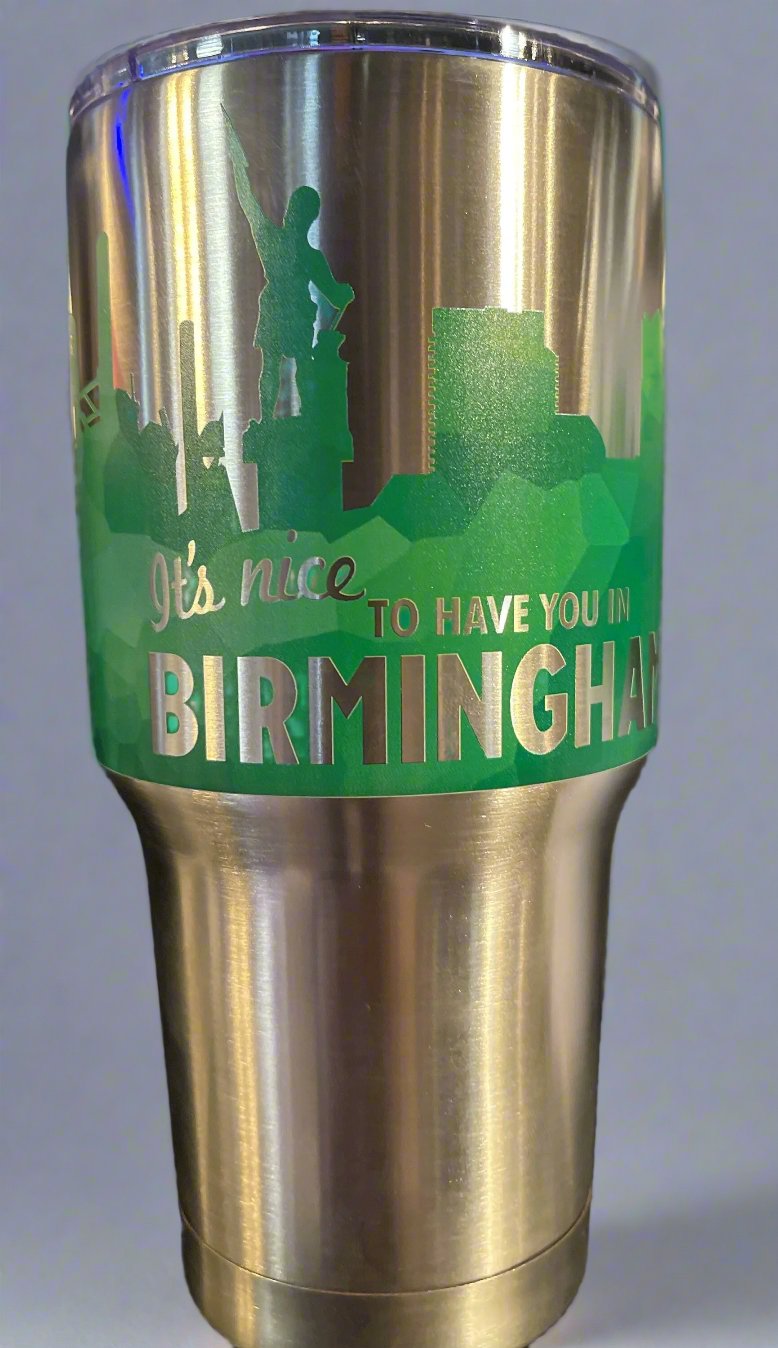 Nice to Have You in BHAM 30oz tumbler in silver with green font